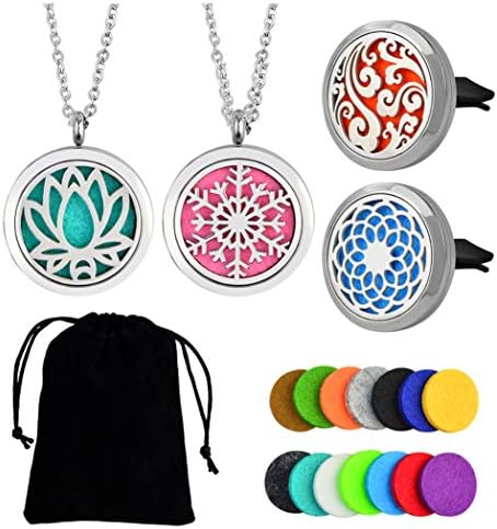 Aromatherapy Essential Oil Diffuser Set, heliltd 2PCS Car Diffuser Vent Clip and 2PCS Essential Oil Perfume Diffuser Necklace Stainless Steel Locket Air Freshener (30mm)
