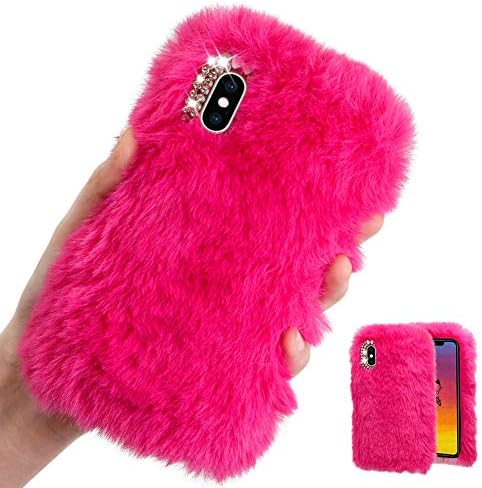For Samsung Galaxy A6 Plus 2018 Case [with HD Screen Protector],MOIKY Cute Warm Winter Fluffy Furry Plush Soft Flexible Silicon TPU Case with Bowknot Diamond for Samsung Galaxy A6 Plus 2018,Rose Red