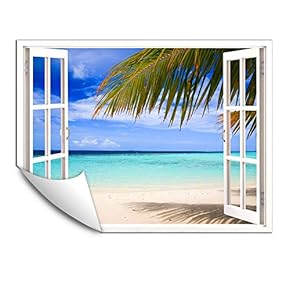Wall Murals for Bedroom Fake Window Beach White Window Removable Wallpaper Peel and Stick Wall Stickers - 24x32 inches