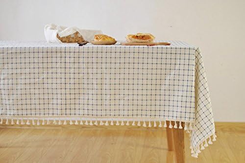 100% Cotton Tablecloth, 55 x 86 Inch, Vintage Macrame Lace Machine Washable Rectangle Table Cloth For Dinner Parties Weddings Outdoor Picnics (blue and white check)