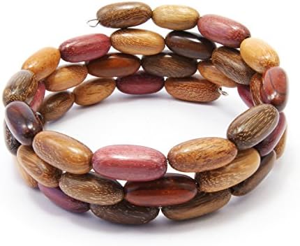 Tica Surf Unique Exotic Wood Memory Wire Bracelet - Multicolor Oval Beads