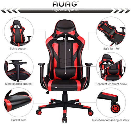 AuAg Ergonomic Gaming Chair Racing Style Adjustable High-Back PU Leather Office Chair Computer Desk Chair Executive Ergonomic Style Swivel Video Chair Headrest Lumbar Support (RED) - Thumbnail 3