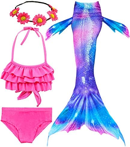 3 PCS Girls Swimsuit Mermaid Tails for Swimming Mermaid Princess Bikini Set Bathing Suit Can Add Monofin for 3-12Y