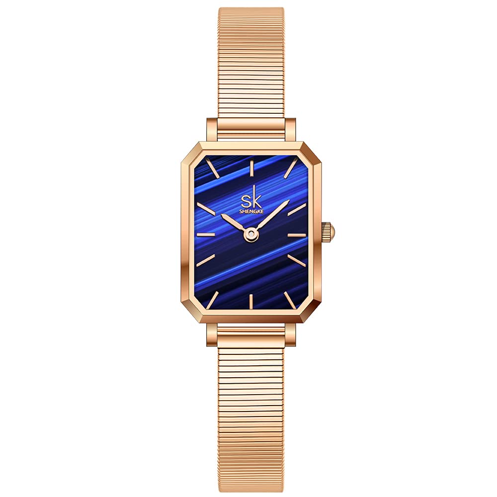 SHENGKE SK Unique Square Watch Women with Stainless Steel Mesh Band Genuine Leather Elegant Rectangle Stylish Ladies Watches(Blue-Leather)