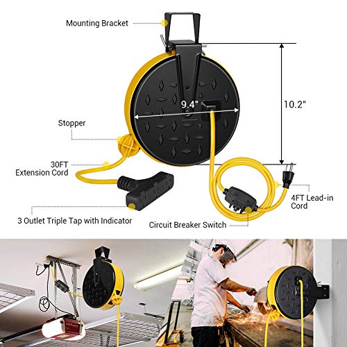 DEWENWILS 30 Ft Retractable Extension Cord Reel, Ceiling/Wall Mount 16/