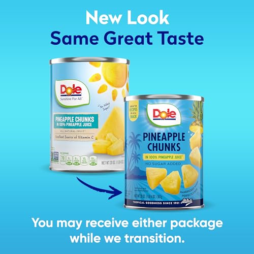DOLE CANNED FRUIT, PINEAPPLE CHUNKS IN 100% PINEAPPLE JUICE, GLUTEN FREE, PANTRY STAPLES, 20 OZ, PACKAGING MAY VARY