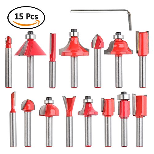 QLOUNI 15 Pcs Router Bits Set Tungsten Carbide Tipped Milling Cutter 1/4" Shank with Wood Case and Micro Wrench