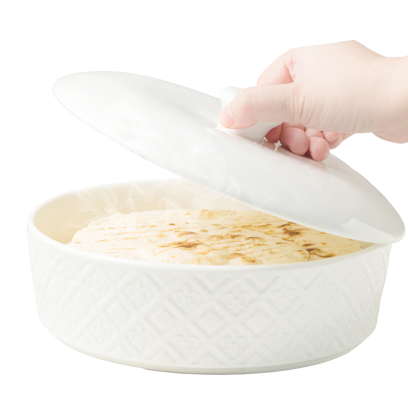 Photo 1 of MISSYSSIM Tortilla Warmer, Embossed Tortilla Holder Servers with Lid, 8.8 Inch - Taco Tuesday, Taco Bar, Microwavable Storage Container, Ceramic Bread Warmer Pancake Warmer - Oven Safe, White