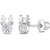 925 Sterling Silver Clear Cubic Zirconia Holiday Reindeer Safety Screw Back Earrings For Children - Little Girls Christmas Themed Earrings