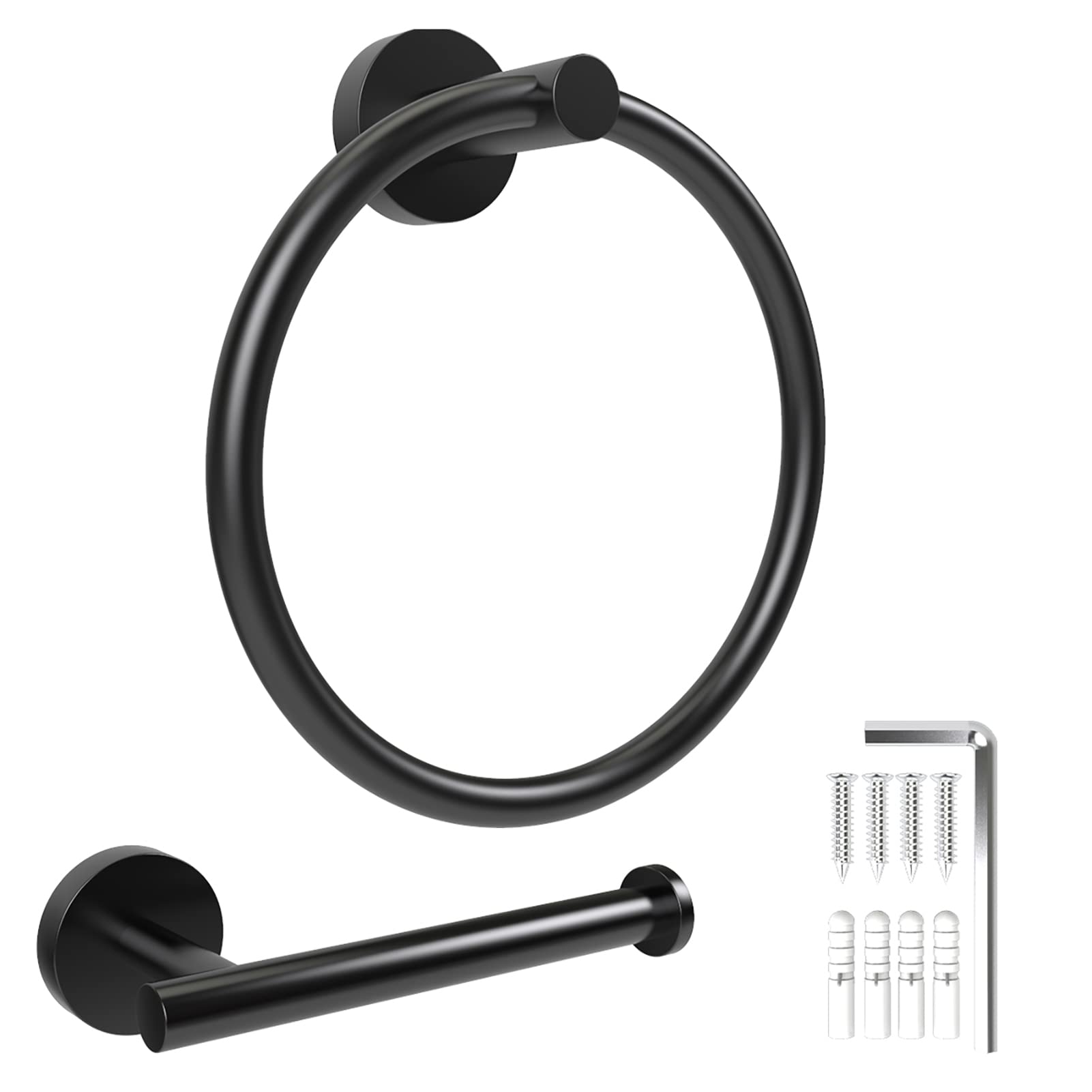 Bathroom Hardware Set, 2 Pieces Matte Black Toilet Paper Holder and Towel Ring Wall Mounted Toilet Paper Roll Holder & Hand Towel Holder Made of Thicken Stainless Steel