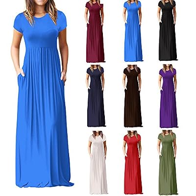 Women Short Sleeve Dress Loose Solid Plain Maxi Dress Casual Long Party Dress with Pockets Split Summer Dress