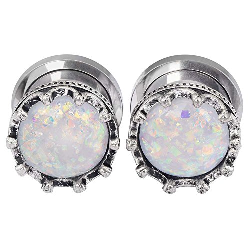 Longbeauty 2Pcs Stainless Steel White Opal Crown Ear Plugs and Tunnels Expander Stretcher Gauge 2g - Thumbnail 2