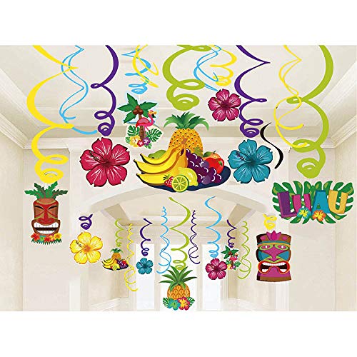 Photo 1 of 30Pcs Hawaii Party Hanging Swirl Decorations Hawaii Theme Ceiling Whirl Hanging Decorations for Summer Theme Birthday Party Decor