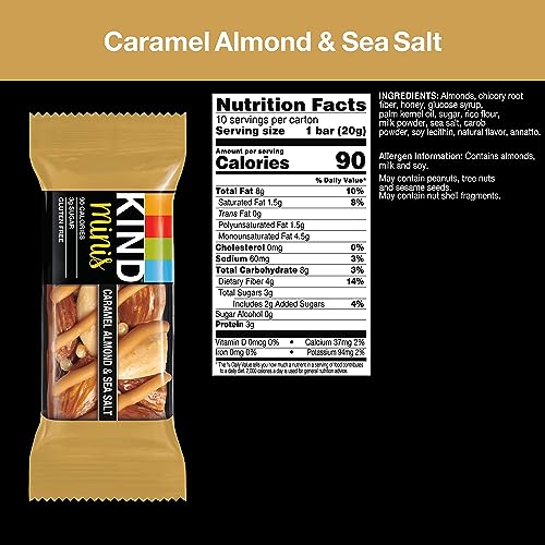 KIND MINI SNACK BARS, CARAMEL ALMOND & SEA SALT, GLUTEN FREE, LOW SUGAR, LOW CALORIE SNACKS, 10 COUNT