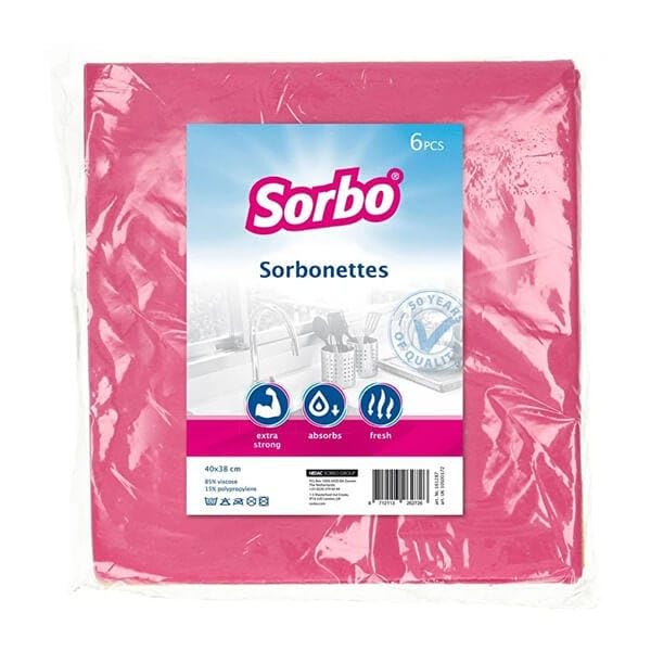 Sorbo Sorbonette Cleaning Cloths, 6 Pack, Absorbent durable and long lasting multi-purpose cloths for Kitchen, Bathroom, Car and General Cleaning, Premium grade, Each cloth measures 38cm X 40cm