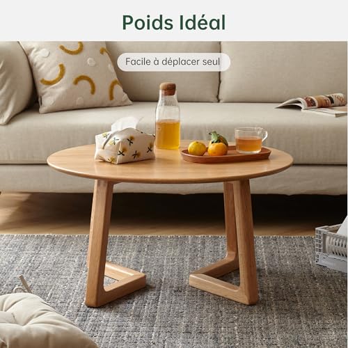 YESWOOD Solid Oak Coffee Table, Modern Design, Inclined Legs, Round Coffee Table for Living Room, 75 x 75 x 40 cm, Natural Oak