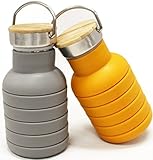 Collapsible Sports Travel Water Bottle - 18oz Leak Proof Eco-Friendly BPA Free Silicone Folding Reusable Portable Drinking Bottles w/ Lid Cap & Handle. Lightweight for Traveler Walking Camping Hiking