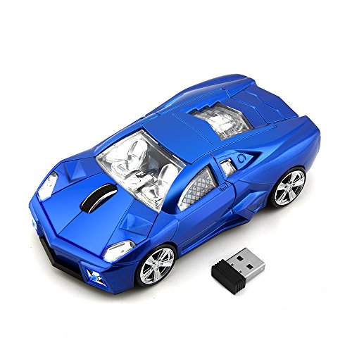 2.4GHz Wireless Optical Gaming Mouse Sport Car Shape Cordless Mice 3 Buttons DPI 1600 Mouse for PC Laptop Computer (Blue)