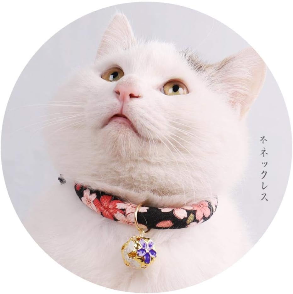 AOMEO Handmade Adjustable Pets Cat Collars Japanese Style Cotton Soft Puppy Cats Necklace With Bell Cute Printed Doggy Collar Pet Gift（26-38Cm） Black