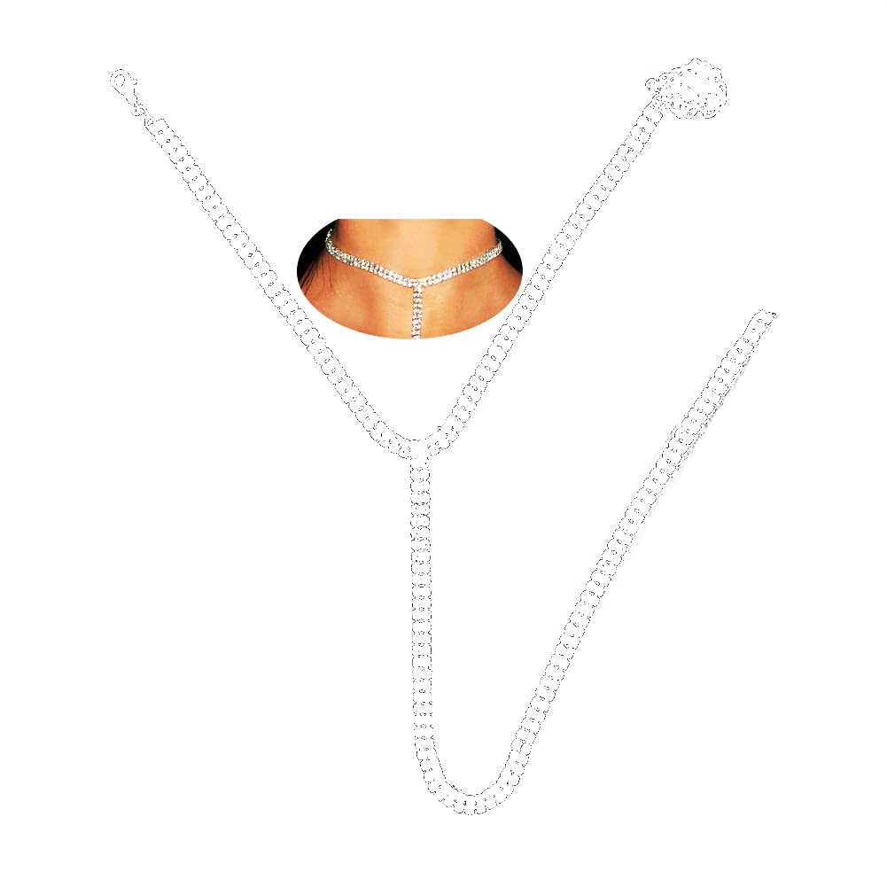 Carufin Multi Row Long Necklace Silver Crystal Tennis Chain Rhinestones Choker Necklace Jewelry for Women and Girls (2 rows)