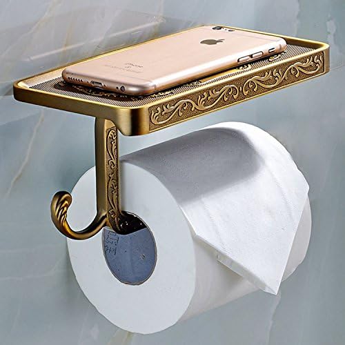 ThinkTop Antique Carving Toilet Roll Paper Holder with Phone Shelf Wall Mounted Bathroom Paper Rack and Hook-Brown