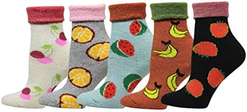 Cansok Women's Fruit Pattern Funny Crazy Cotton Novelty Crew Socks (Watermelon Lemon Cherry Banana - 5 pairs (Terry Socks))