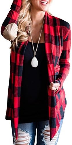JUST SKY Womens Fall Fashion Long Sleeves Check Open Front Kimono Cardigans Tops Outwear,Red Check,X-Large