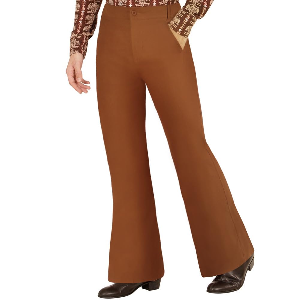 AYBUY Mens Bell Bottom Pants, 70s Disco Flared Pants, 60s 70s Slim Flare Trousers, Mens Retro Flare for 1960's Fancy Dress, Theme Parties, Festivals, Everyday Casual Wear, XL（Brown）