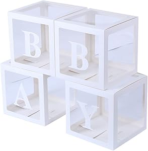 Baby Shower Boxes Decorations for Girl & Boy, 4-Pack Transparent Balloons Boxes Décor with BABY Letters for Gender Reveal Baby Shower Decorations Bridal Showers Birthday Party Backdrop