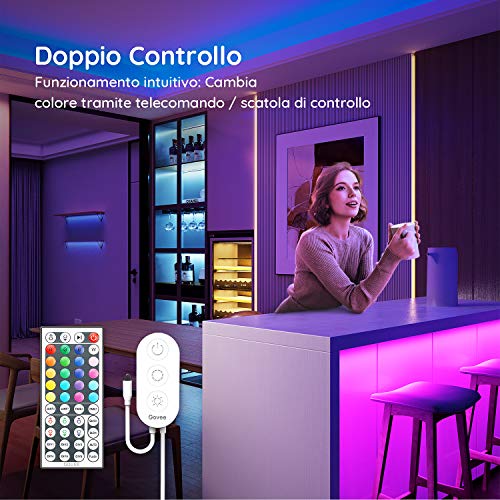 Govee Striscia LED, 5m RGB con 44 Tasti Telecomando IR, 20 Colori 6 Modalità, Luci Colorate per Decorazioni, Cucina, Bar, Festa, 12V, 1.5A