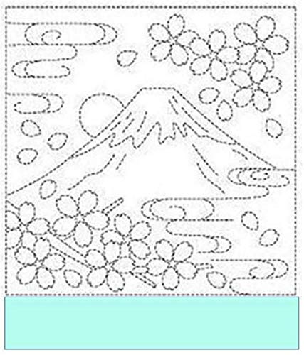 Sashiko Fabric - Sashiko Pre-Printed Sampler - # 4012 Mt. Fuji & Cherry Blossoms - Turquoise