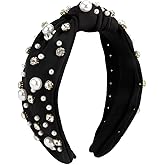 Pearl Knotted Headband Women Rhinestone Embellished Elegant Wide Top Knot Hairband Jeweled Beaded Crystal Diamond Sparkly Fashion Hair Accessories Black Headband