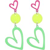 HekouJiub 90 s Earrings for Women Neon Heart Hoop Earrings for Glow Party, 70s 80s Vintage Neon Earring Jewelry, Acrylic Round Drop Dangle Earring Halloween Christmas Carnival Costume
