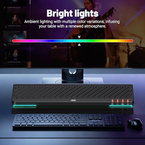 AOC ACS3640 Caixa de Som para PC Gamer 10W RMS, Soundbar Estéreo USB, Alto Falante Estéreo com Iluminação RGB, Plug and Play, Alto-falantes para Computador de Mesa, Tablet, telefone celular