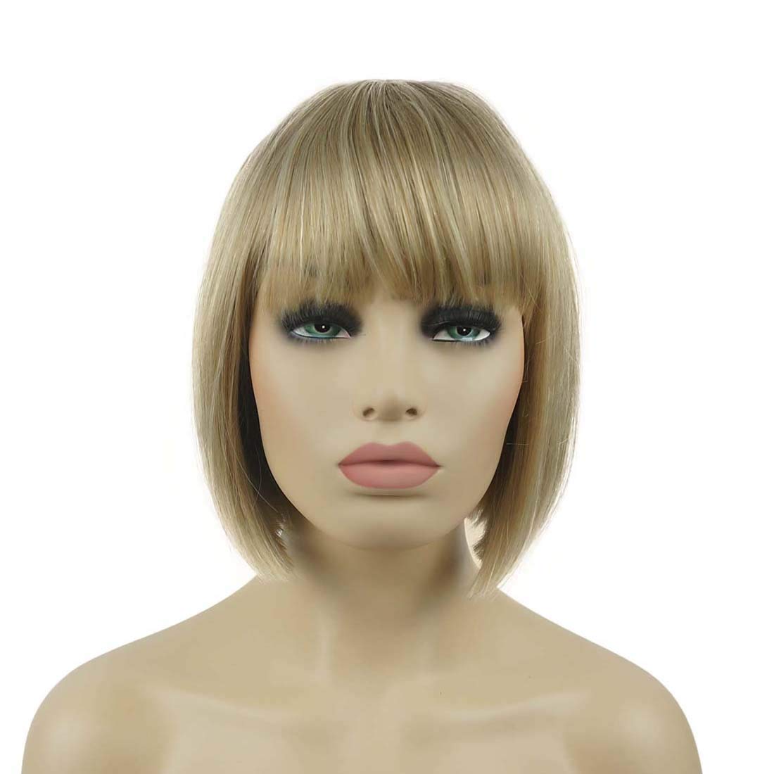 Lydell 8" Straight Short Bob Hair Flat Bangs Cute Central Dot Skin Top Heat Resistant Synthetic Wigs (15BT613 Blonde Mix)