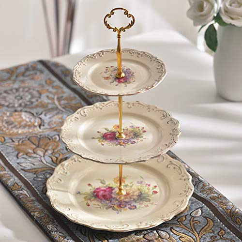 YOLIFE Flowering Shrubs Pattern 3 Tiered Cupcake Stand,Emboss Golden Leaves Edge Tea Party Pastry Tower,6-8-10 inch - Thumbnail 2