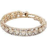 DATOA Glitter Rhinestone Imitition Pearl Stretch Bracelet Layers Stackable Bangle Bracelet Crystals Pearl Elastic Wristband for Women Wedding Jewelry