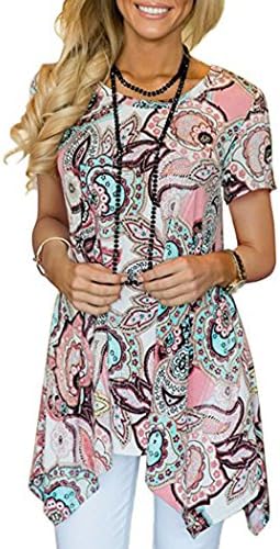 Halife Womens Summer Short Sleeve Floral Print Loose Fit Tunic Tops (XL, Pink)