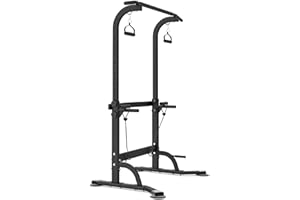 HTK Power Tower Pull Up Bar Station - 330lbs Capacity - Adjustable Height Dip Station Home Gym - Free Standing Pull Up and Dip Station for Full Body Workouts