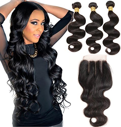 VRHOT 8A Body Wave Bundles with Closure 3 Part Brazilian Virgin Human Hair Extensions Weave Unprocessed Hair Bundles with Three Part Lace Closure 4x4 (14'' 16'' 18'' with 14'' (3 Part Closure))