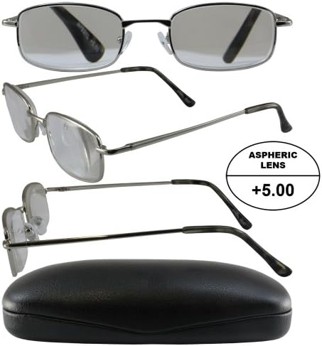 Men's High-Powered Reading Glasses: Silver Frame and Black Case +5.00 Magnification Aspheric Lenses