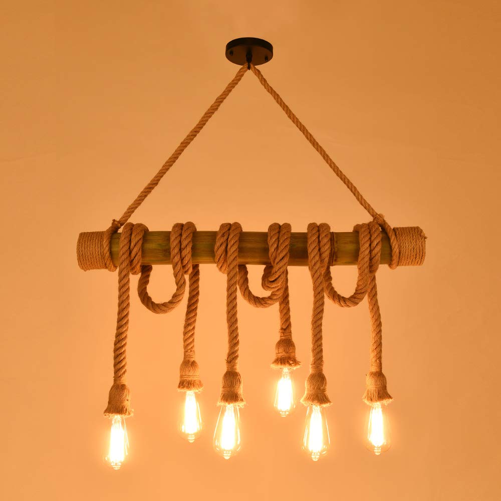 TIMBERINO Rope Ceiling Light Rustic Lighting - Retro Hemp Rope Pendant Lamp 6 Head Chandelier Bamboo E27 Light Fitting