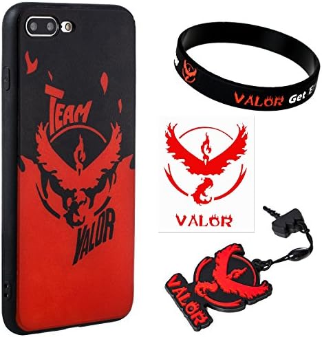 iPhone 7 Plus Case w/ Pokemon Go [Team Valor Theme] Red (1) + Silicone Bracelet (1) + Audio Plug Charm (1) + 2"Decal