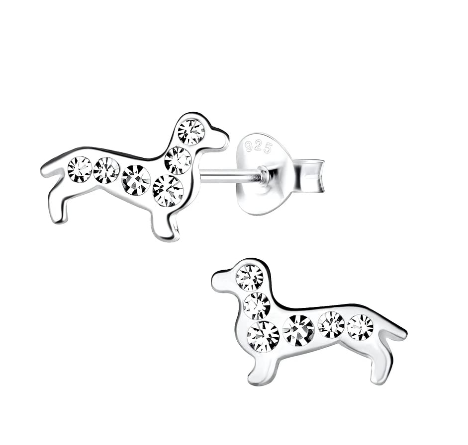 Sausage Dog Earrings with Crystal Stones (Dachshund) - 925 Sterling Silver