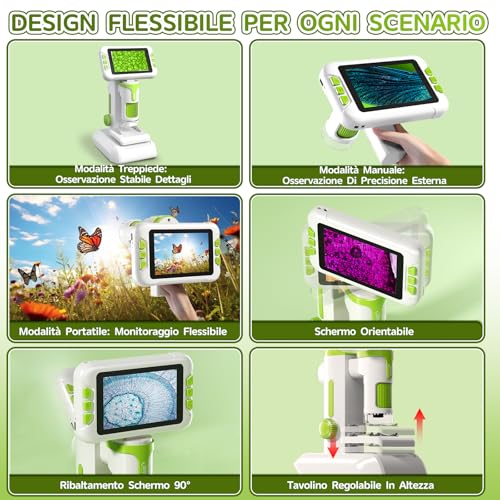 Charmofun Children's Microscope, Digital Microscope with 64GB Memory Card, Portable Microscopios for Children with 4 Inch LCD Screen, 1600X Magnification, Photo and Video, Portable and Fixed Function