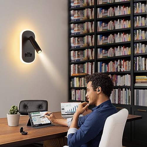 LED Reading Lamp with Switch, USB Charging Port + Type C Reading Light, 3W 3000K+9W 6000K Rotatable Wall Light for Reading, Indoor Inblack Wall Lighting, Night Lamp Bedroom Hotel
