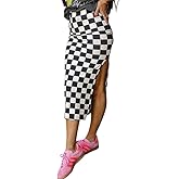 Chvity Plaid Skirts for Women Fashion Casual High Waisted Side Slit Classic Checkered Print Stretch Skirts Black Pencil Skirts