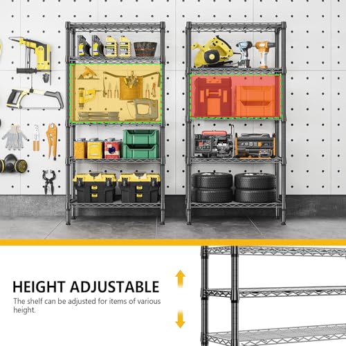 M MZG 5 Tier 1200 lbs Metal Storage Shelf, Wire Shelf, Heavy Duty Closet Organizers for Garage, Kitchen, Bathroom, Laundry, Black, 13.8"