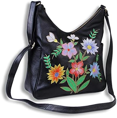 Crewel Embroidery Leather Women Hobo Bag