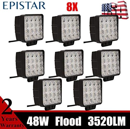Turboo (Pack of 8) 48w Square Shape 60 Degree LED Work Light Flood Lamp Driving Light, Jeep, Off-Road, 4wd, 4x4, Utv, Sand Rail, ATV, SUV, Motorbike, Motorcycle, Bike, Dirt Bike, Bus, Trailer, Truck